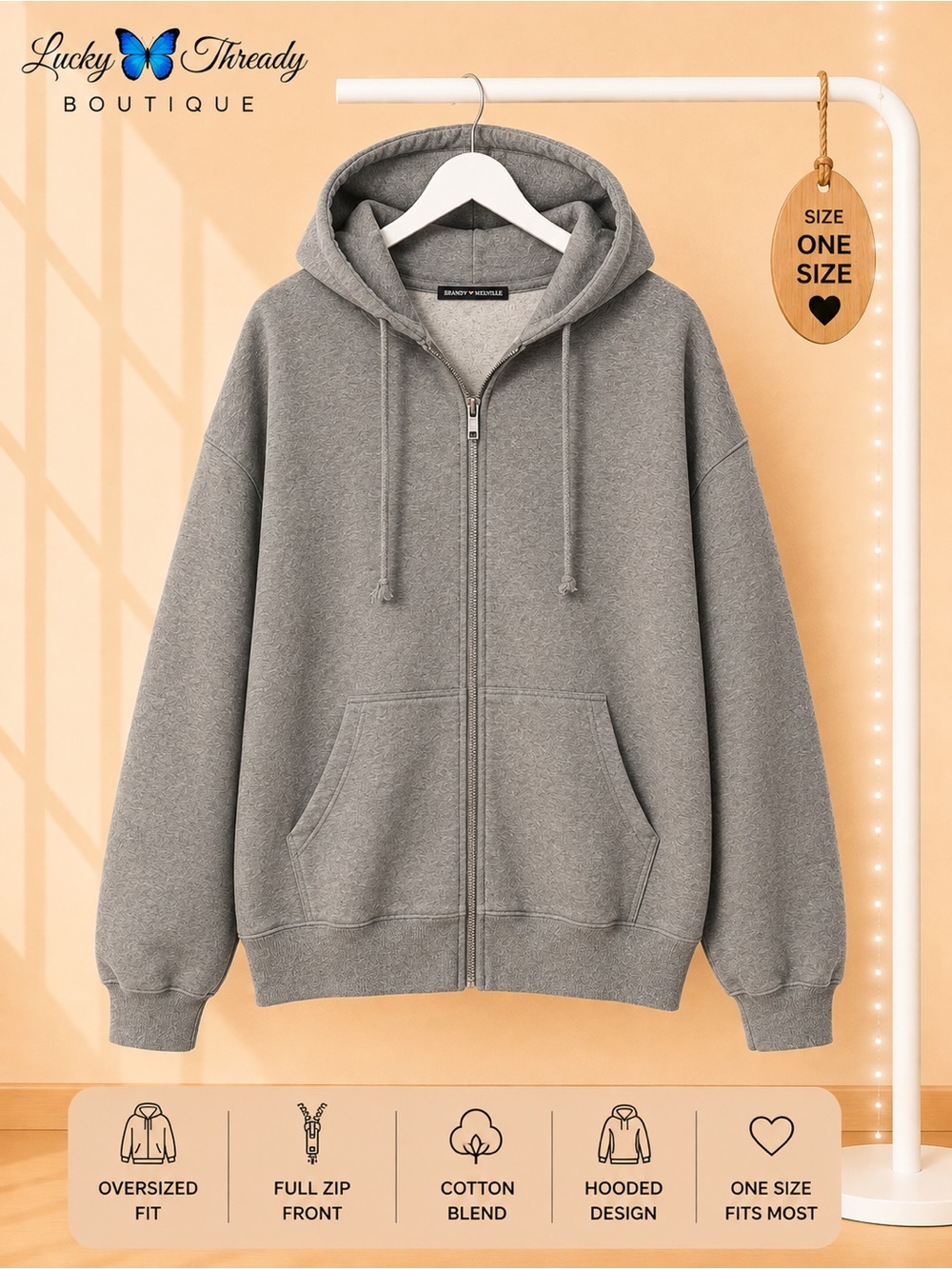 Brandy Melville Gray Oversized Full Zip Hoodie Sweatshirt OSFM Grey⁠